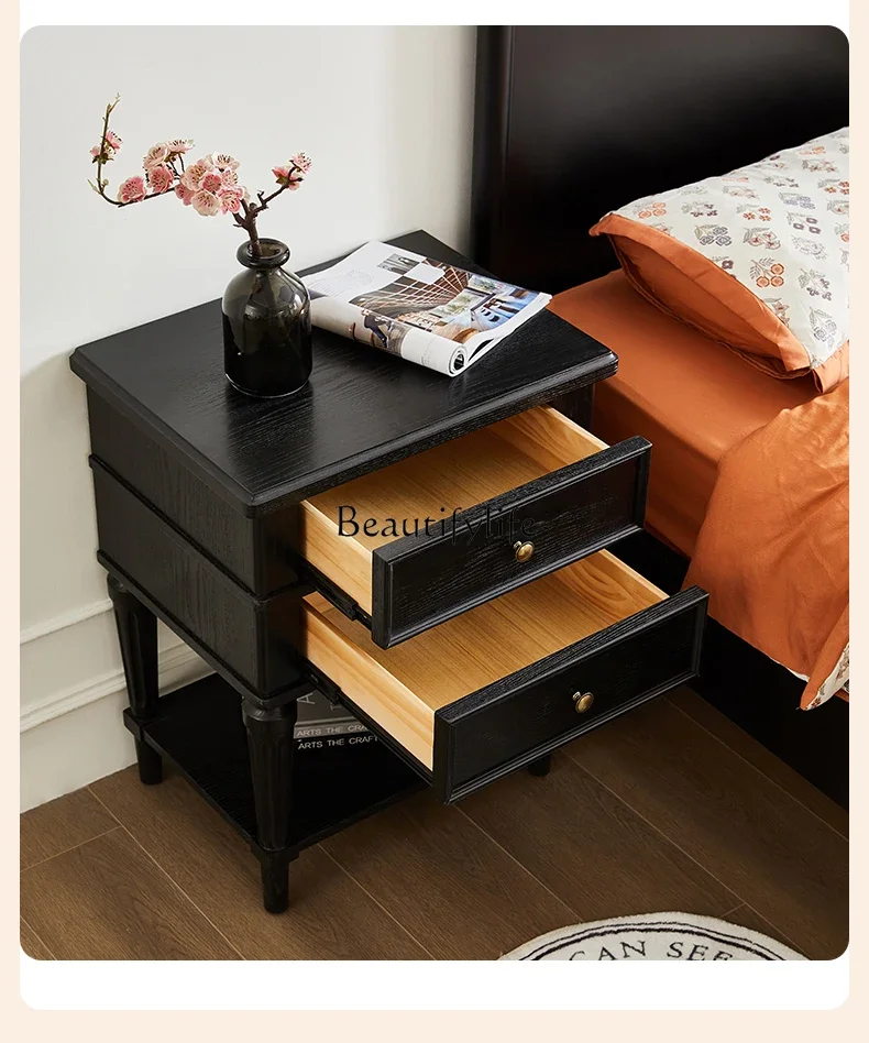 

French Black American Retro Solid Wood Bedside Storage Cabinet Storage Bedroom Chest of Drawers