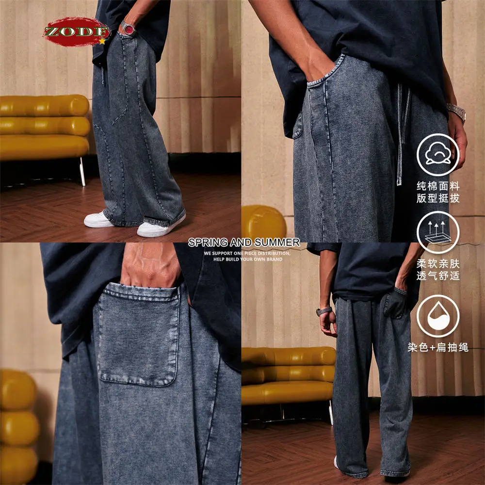 ZODF Retro 2024 Spring Men Washed Cotton Straight Pants Unisex Casual 330gsm Distressed Loose Trousers Brand Clothes HY0830 4