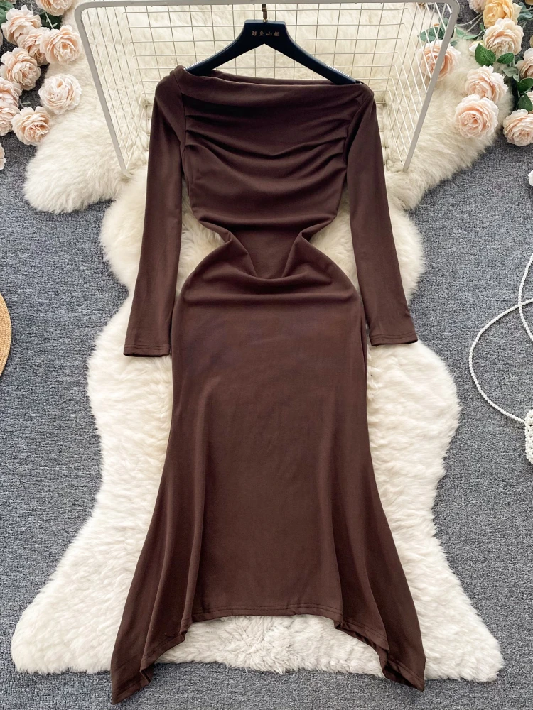 

Женское шифоновое платье-пуловер Aibeautyer, повседневное однотонное облегающее платье-трапеция до середины икры с вырезом лодочкой, на весну-лето