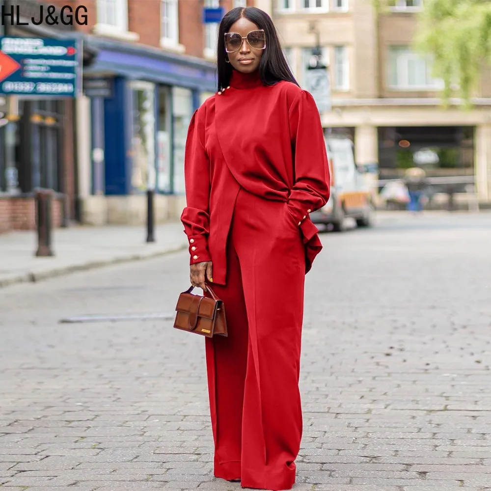 HLJ&GG Casual Solid Color Loose Wide Leg Pants Sets Women Round Neck Long Sleeve Irregular Slit Top And Pants Two Piece Outfits