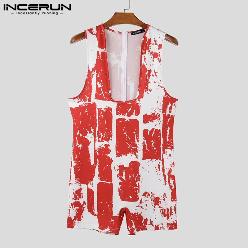 INCERUN American Style Fashion Bodysuits Sexy Men's Printed Color Block Jumpsuit Casual Homewear Square Neck Sleeve Rompers