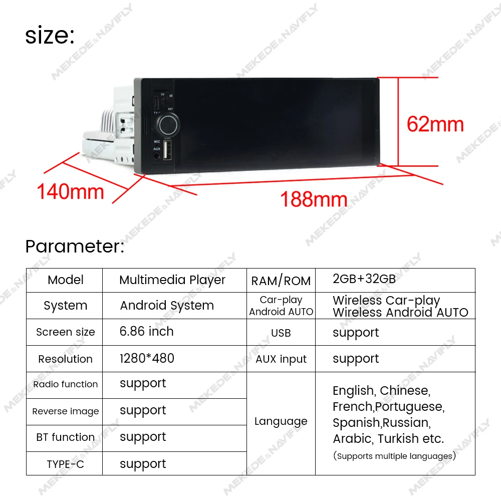 6.86inch IPS Screen Car Radio For Volkswagen Nissan Toyota KIA Multimedia Player Support Carplay Android Auto 1DIN MP5 Player