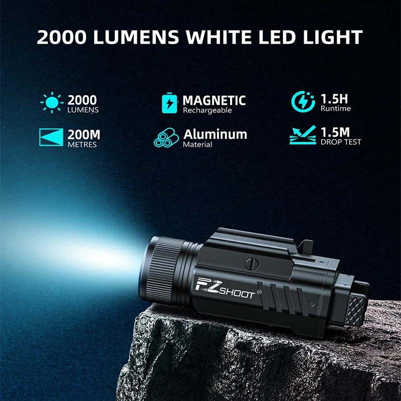 EZshoot 2000 Lumen Tactical Flashlight for Pistol Picatinny or GL Rail LED Light with Adjustable Slide Rail and Rechargeable