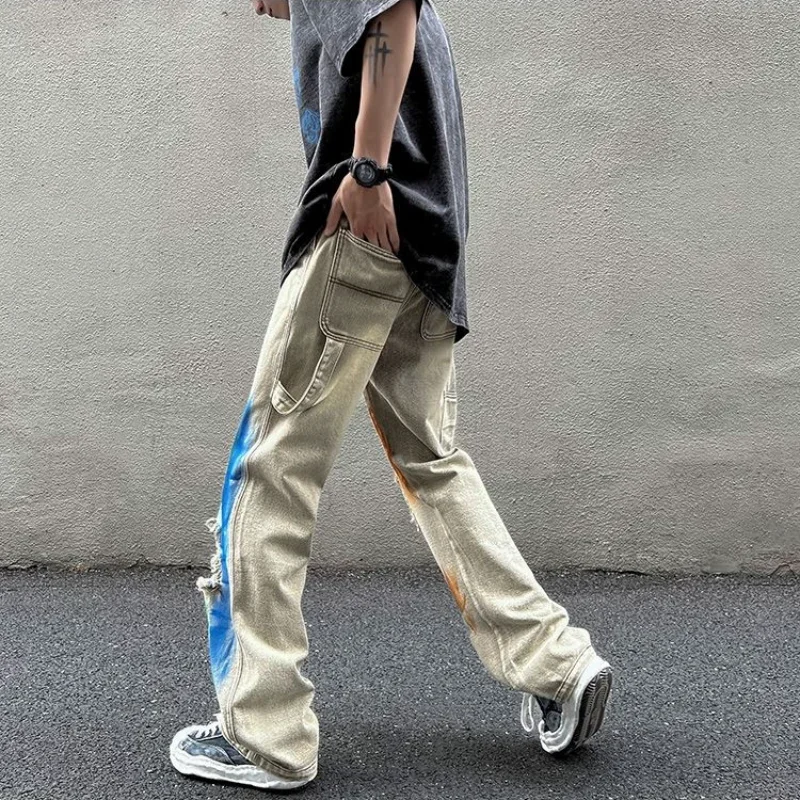 Trousers Torn beige man cowboy pants straight men's jeans broken tie dye vintage with holes ripped punk spring autumn Xs retro,men jeans,ripped jeans,ripped patchwork jeans