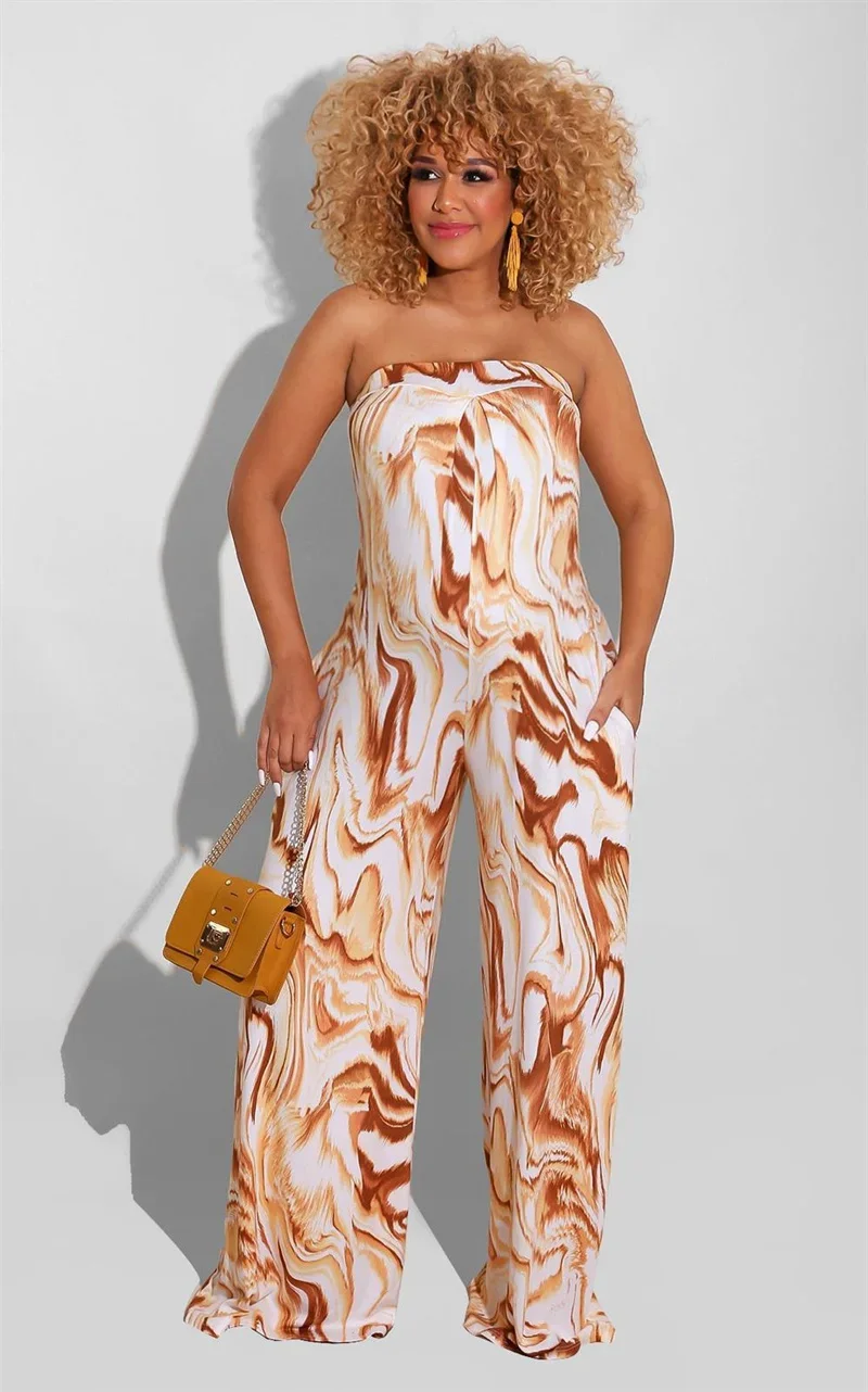 

WUHE Print Strapless Wide Leg Jumpsuit Women Loose Sexy Off Shoulder One Piece Romper Elegant Summer Overalls Mono Mujer Verano