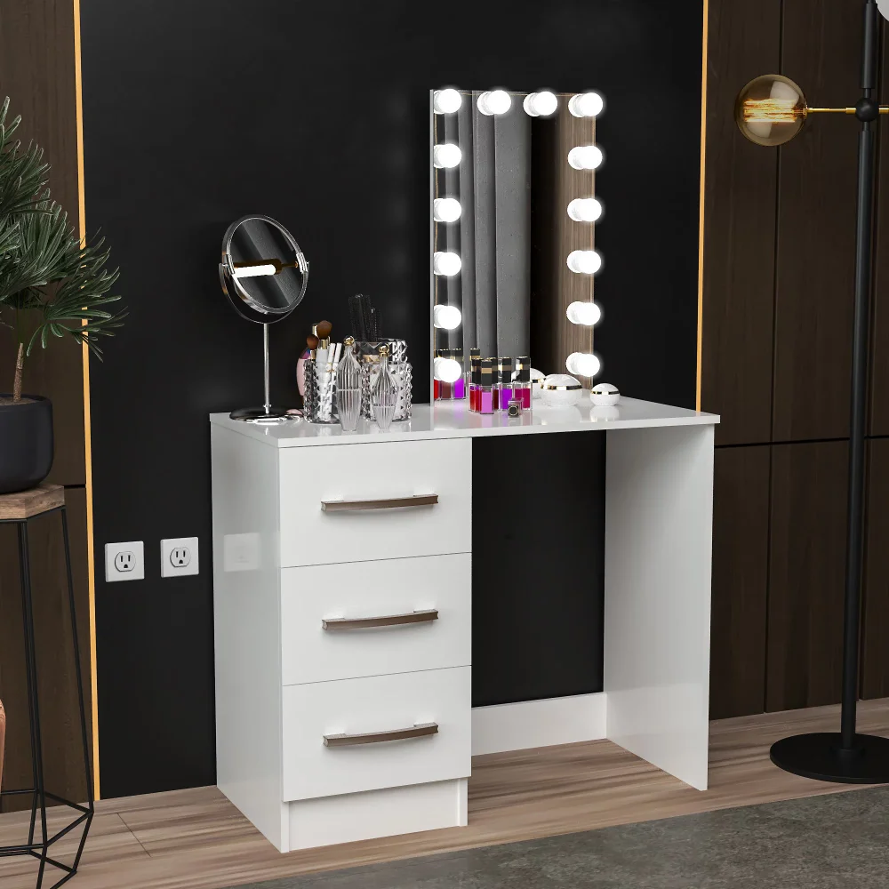 

Ava Modern Vanity Table, White Painted, Lights, for Bedroom