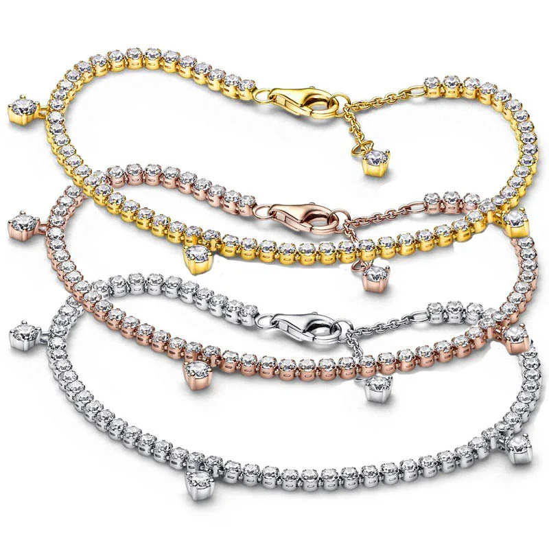 

Оригинальные розовое золото, блестящие капли, теннис с браслетом с кристаллами, браслет подходит для Европы, бусины из стерлингового серебра 925, очаровательные украшения «сделай сам»