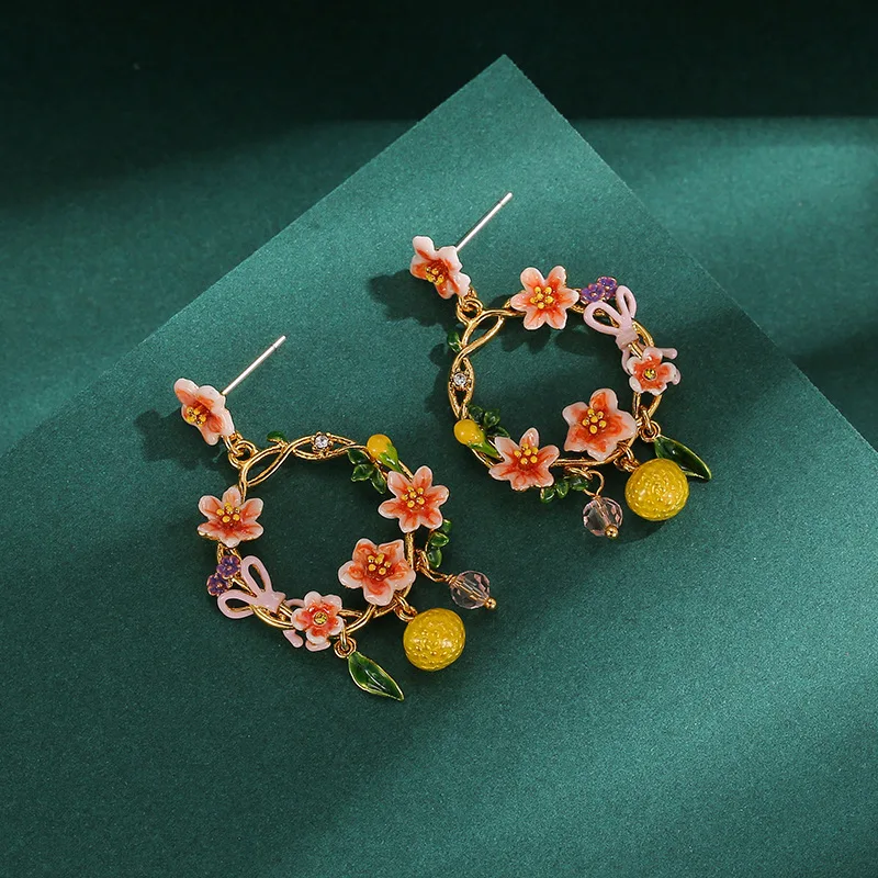 Fashionable Elegant Enamel Colored Glaze Orange Flowers Lemon Fruit Tassels Round Dangle Green Leafs Earrings Women's Jewelry
