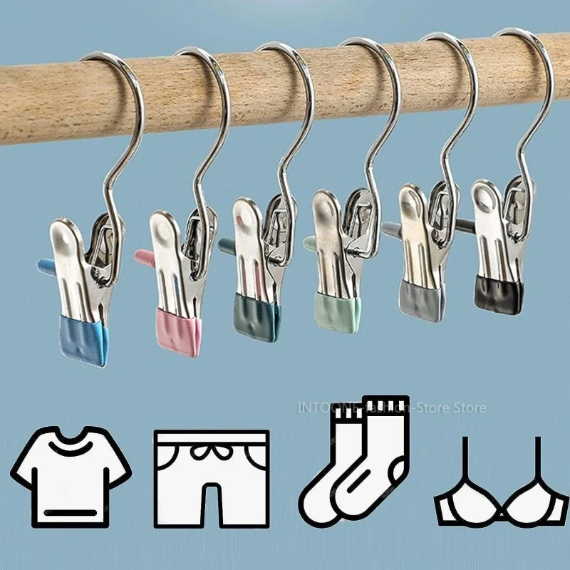 Clothespins with Hooks Clothes Pegs 10pcs Stainless Steel Clothespins Laundry Clothes Pegs with Hook Portable Hanging Clothes Clips Closet Organizer Hanger