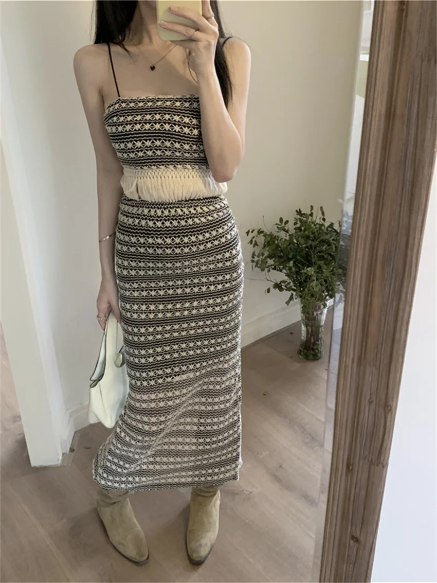 

Alien Kitty Hot Girls Knitted Retro Suits Summer Women Tassel Tank Tops 2023 Holiday Stripes Slim Bodycon Sexy Maxi Skirts Sets