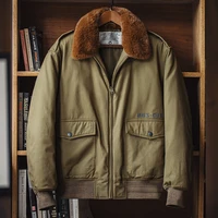 Maden Vintage B10 Bomber Jacket Zippered Cotton Flight Coat with Fur Collar Lapel Pockets Green Cotton Jacket for Men's Winter 2