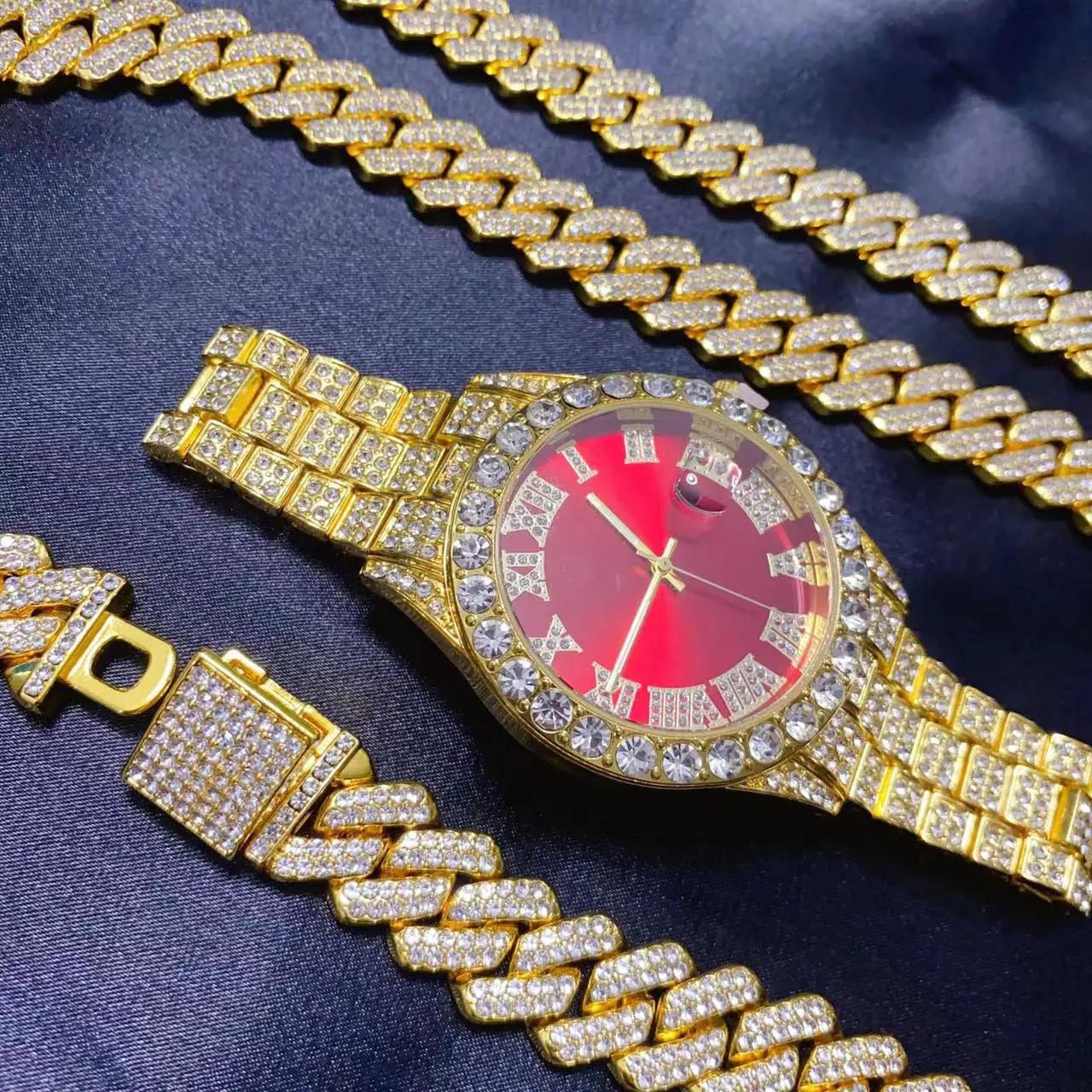 3PCS Hip Hop Calendar Luxury Watch Necklace Bracelet Jewelry Set for Men Bling Gold Silver Diamond Man Box Iced Out Cuban Chains