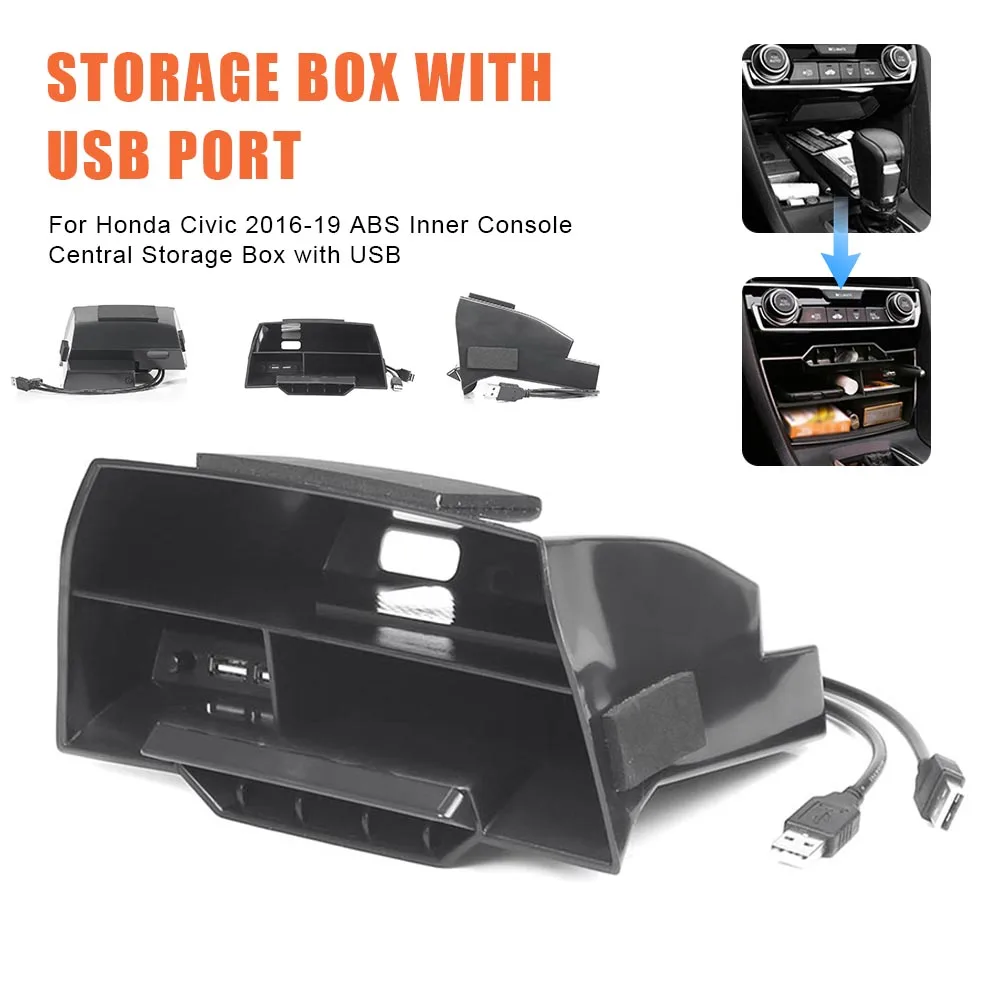 

Car ABS Inner Console Central Storage Box USB Port For Honda Civic 2016-19 ABS Inner Console Central Storage Box Car Accessories