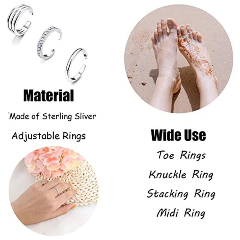 Adjustable Stainless Steel Toe Rings for Women Summer Beach Hypoallergenic CZ Jewelry Set with Tail Foot Ring Gift Jewelry
