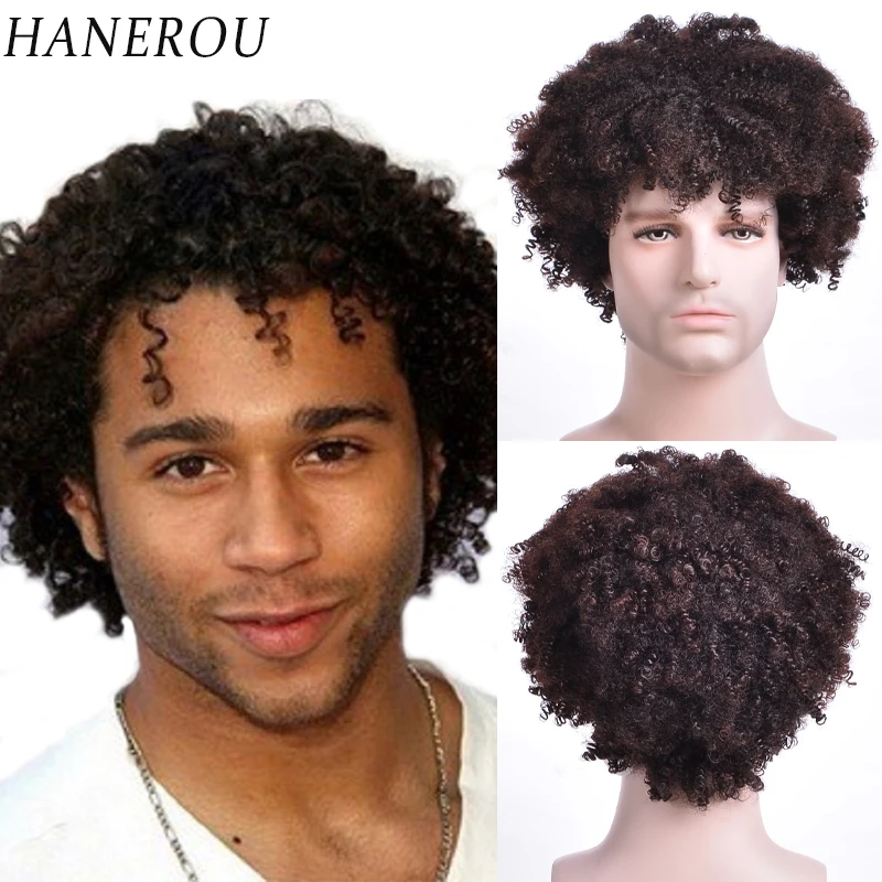 

HANEROU Synthetic Afro Curly Hair Wig Short Men Natural Ombre Black Brown Mixed for Daily Party Cosplay