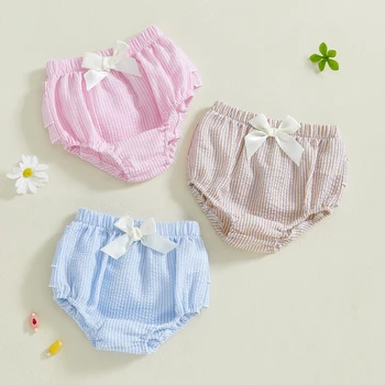 Pantaloncini con stampa a righe per neonata estiva Pantaloncini in vita elastica a strati laterali per neonato Kawaii Pantaloni in PP Pantaloni corti con fiocco a triangolo 1