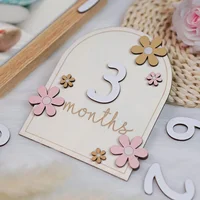 Wooden Baby Monthly Milestone Cards Flowers Double Sides Number Month Girls Boys Newborn Photography Props Accessories 1