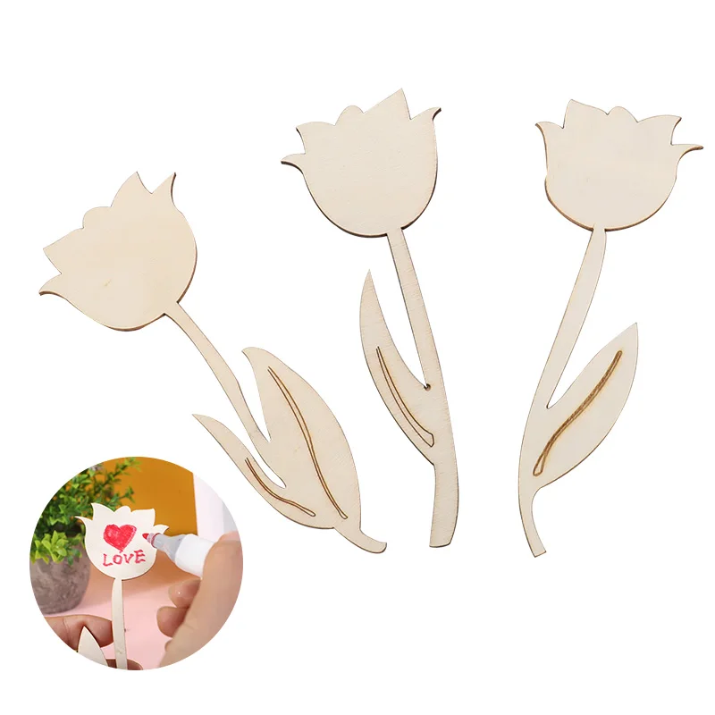 12Pcs Wooden Flower Ornament Unfinished Tulip DIY Painting Crafts Happy Easter Party Spring Home Decoration Kids Gifts Supplies