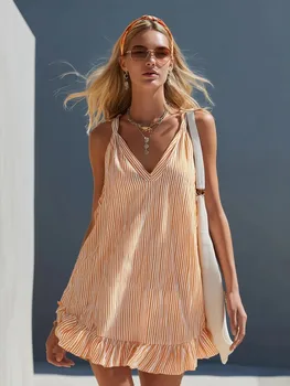 Dress Women's Sexy Spaghetti Strap Ruffled Summer Dress 2026 Vest Vertical Stripe Dress Off Shoulder Sexy Mini Vest Dress 1
