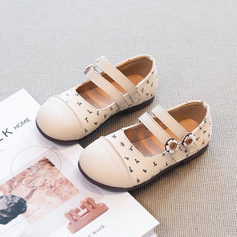 Leather Girls Ballet Flats with Floral Print Soft Sole