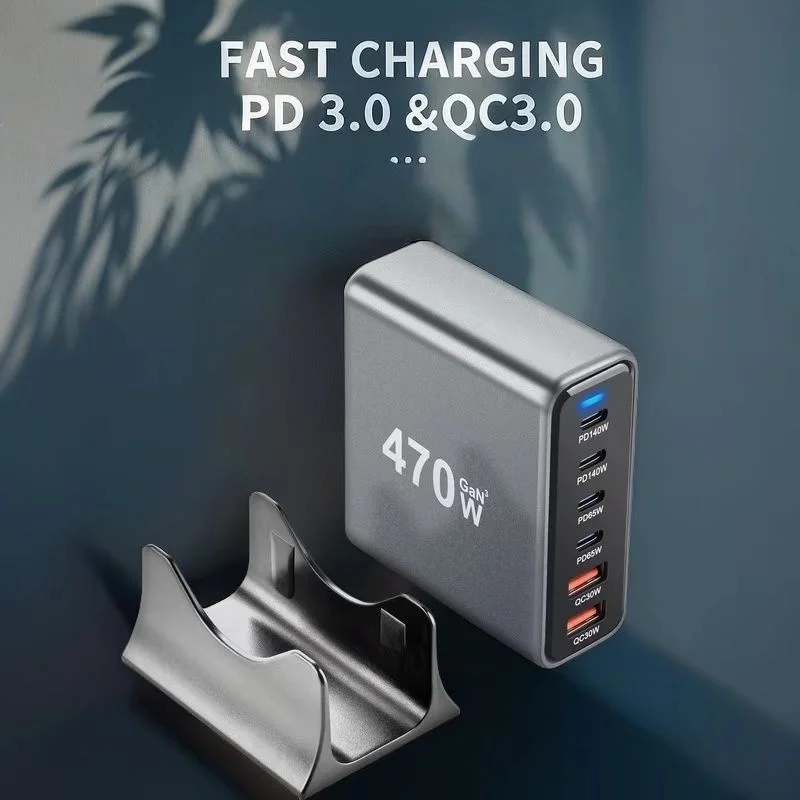 470W 6-Port GaN Desktop Charger 4C2A USB Type-C PD Fast Multi-Port Cell Phone Charger for Multi-Device Charging