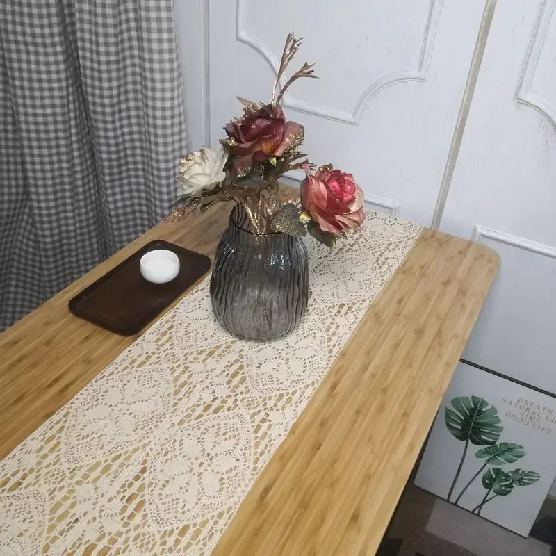 할로우 레이스 테이블 러너 커피 테이블 신발 캐비닛 장식 매트, 긴 티 타올, 화이트 크로셰 패턴, 프린지 가장자리 식탁보