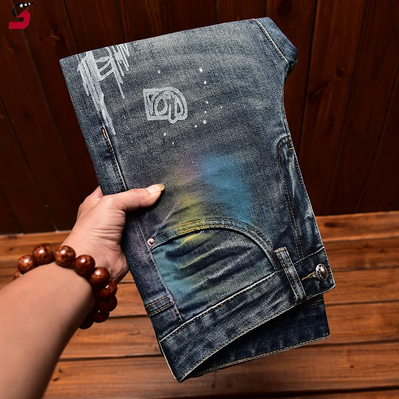 High-End Trendy Jeans Men's Splashed Ink Printing American Street Slim Fit Skinny Stretch Casual Autumn and Winter Trousers 3