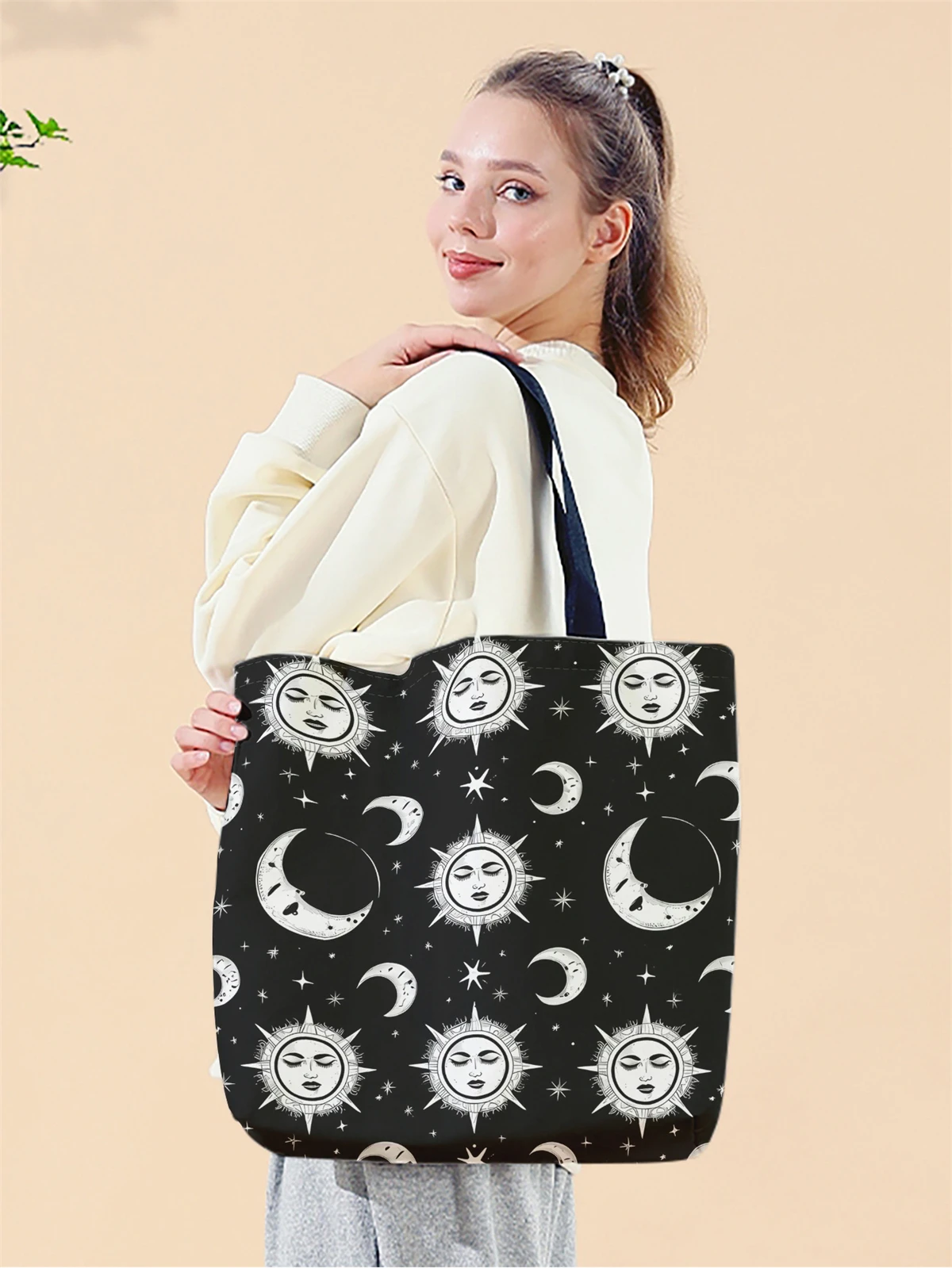 1pc,Sun Moon handbag, reusable fashionable handbag, multifunctional handbag, printed canvas shopping bag