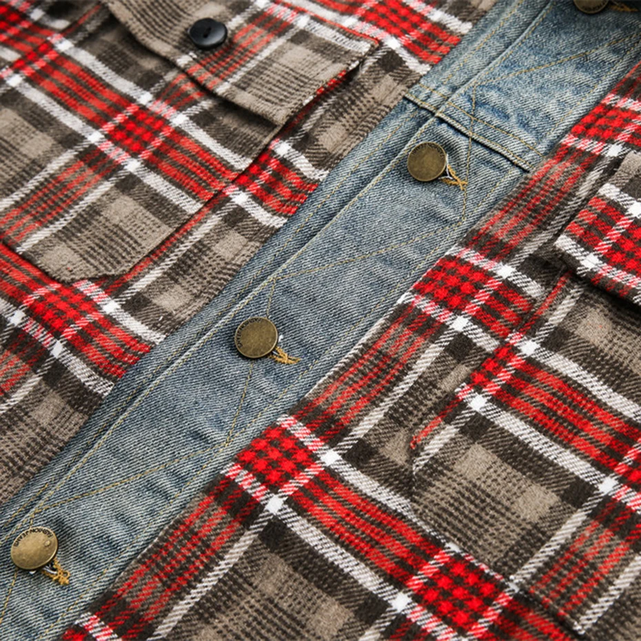 Men's Hi Street Shirts Vintage Denim Patchwork Plaid Shirts Long Sleeve Button Up Blouse Streetwear Hip Hop Oversized