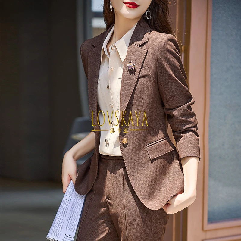 

High end coffee colored suit set feminine and goddess style professional work suit jacket formal attire