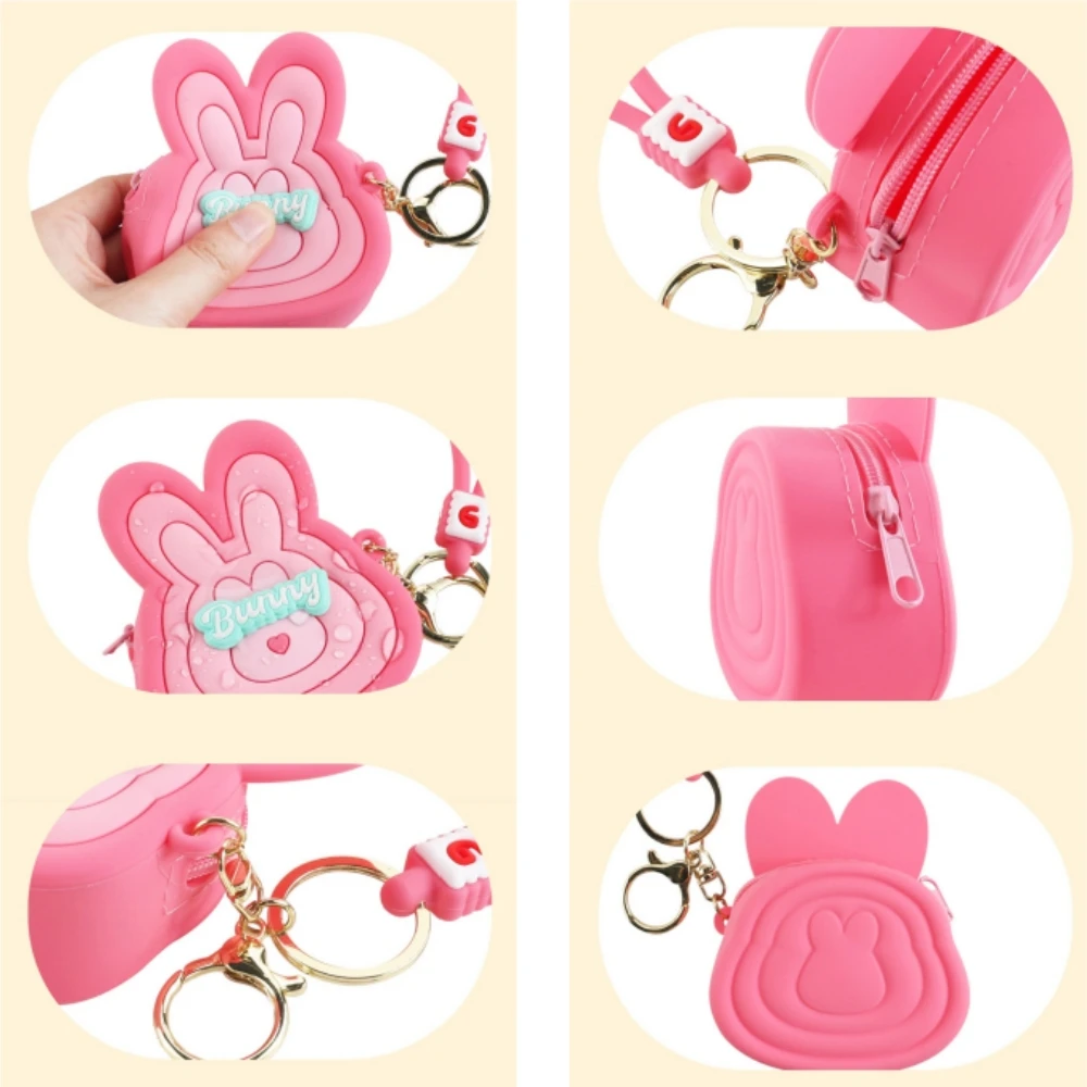 Silicone Coin Purse Creative Cartoon Rabbit Head Wallet Cute Children's Zipper Pendant Storage Pouch Key Bag Purse Pocket