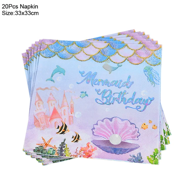 Mermaid Birthday Party Disposable Tableware Set Under The Sea Party Little Mermaid Girls 1st Birthday Decoration Shell Balloons 20pcs napkin