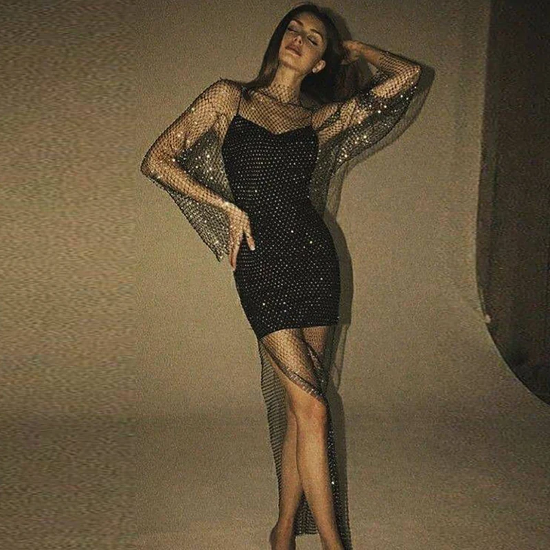 Shiny Rhinestones Grid Fishnet Dress Long Sleeve O-Neck Hollw Out 2024 Summer Dress Sexy Beach Cover Up Breathable Lady Vestidos 2