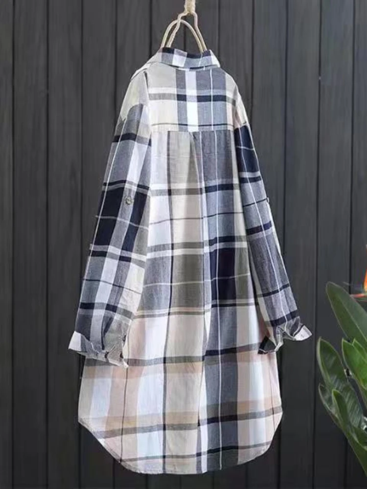 Plus Size Cotton Mid Length Plaid Print Women Autumn Shirts Casual Female Korean Fashion Long Sleeve Single-breasted Blouses Best Sellers In Plus Sized Clothing