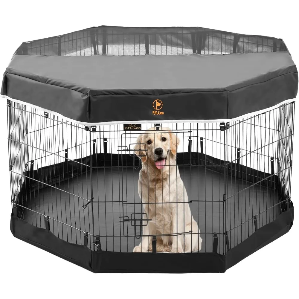 

8 Panel 24" W x 36" H Foldable Exercise Metal Pet Playpen with Door, Bottom Pad and Top Cover, Dog Fence/Puppy Pen/