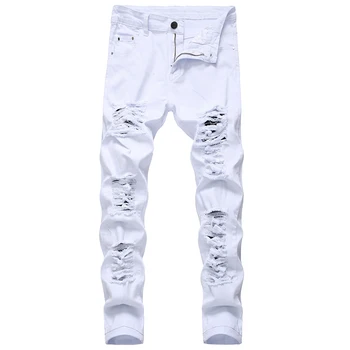 Straight Hole Destruction Trousers Distressed Jeans Men Denim Fashion Designer Brand White Pants Male Large Size 40 42