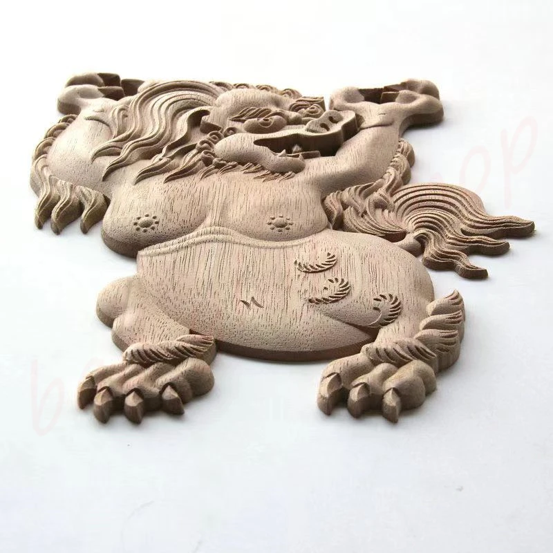Solid wood flower piece, Tibetan wood carving lion, home decoration patch, rubber wood, unpainted, one pair 4
