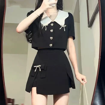 Abito corto da donna Gonna da festa per pendolarismo Mini Kawaii con spacco Manica leggermente cotto Tendenza 2024 Set completo da 2 pezzi per le donne 1