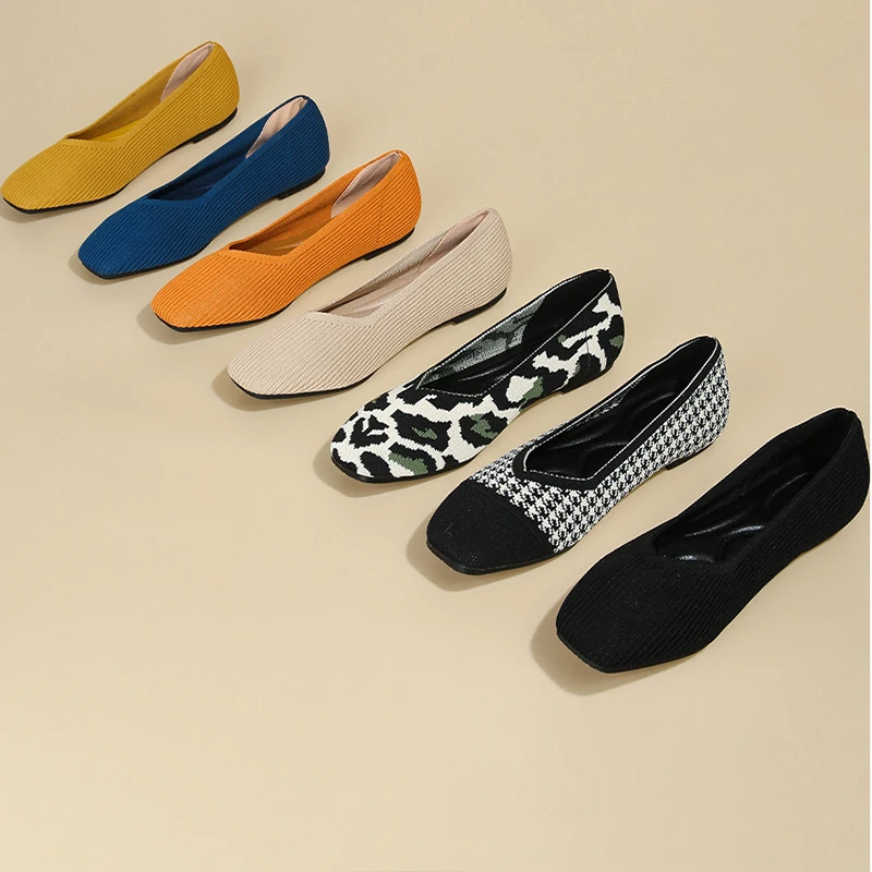 Women's Flat Casual Fashion Pattern Breathable Knitted Non slip Rubber Sole Square Head Comfortable Shoes Solid Color Leisure