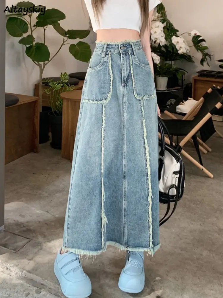 

Maxi Skirts Women Vintage Baggy Denim Ripped Streetwear Spring A-line Chic Students Casual All-match High Waist American Style