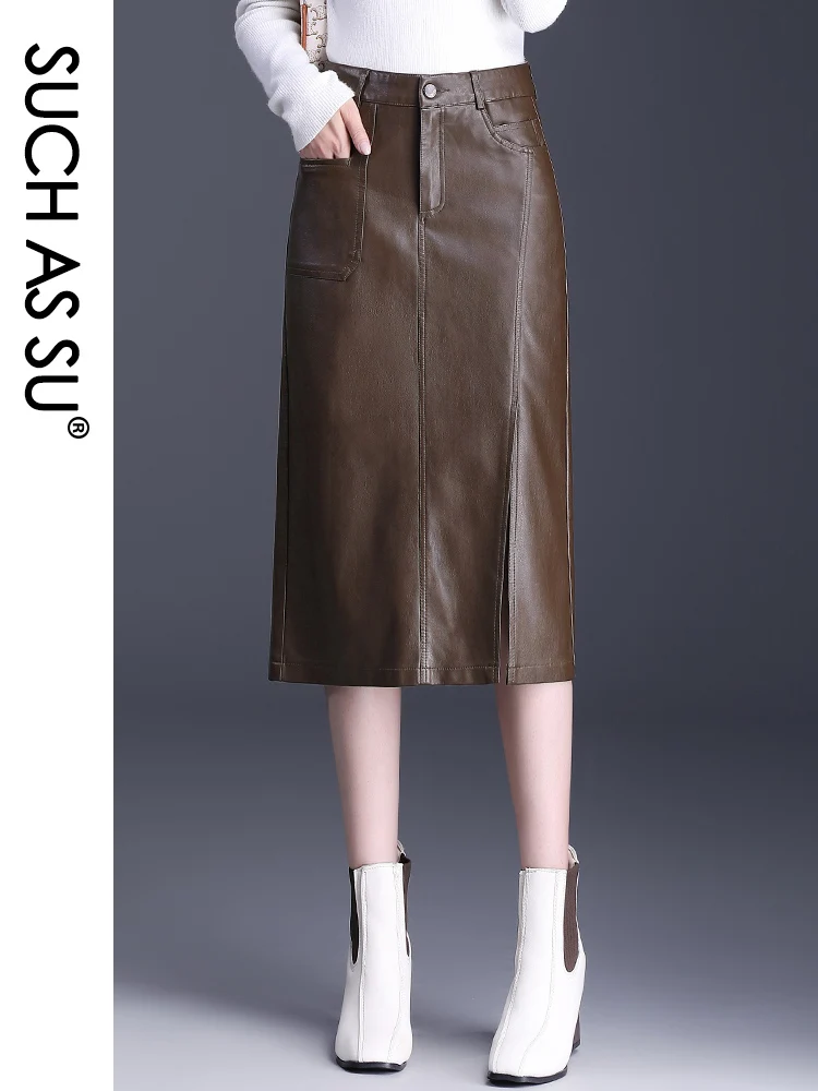 

SUCH AS SU New Fashion 2023 PU Leather Women Black Coffee High Waist Occupation Work Ladies Pencil S-3XL Size Y2K Skirt Female
