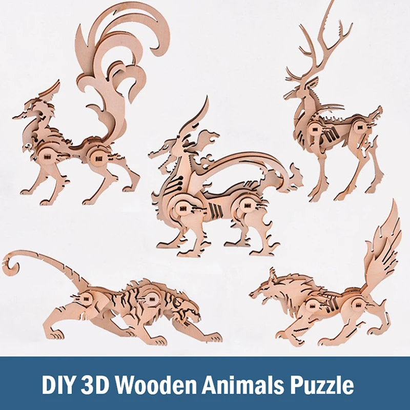 

DIY 3D Wooden Puzzle Deer Tiger Wolf Model Building Kits Educational Toys