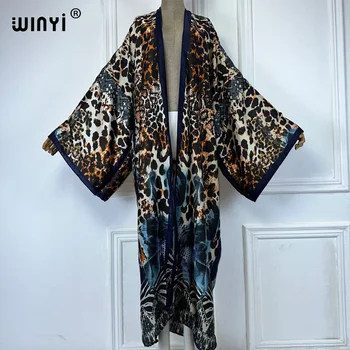 WINYI boho Leopard print Kimonos loose dresses for woman Cardigans beach outfits kaftan cover up evening dress long down coat 1