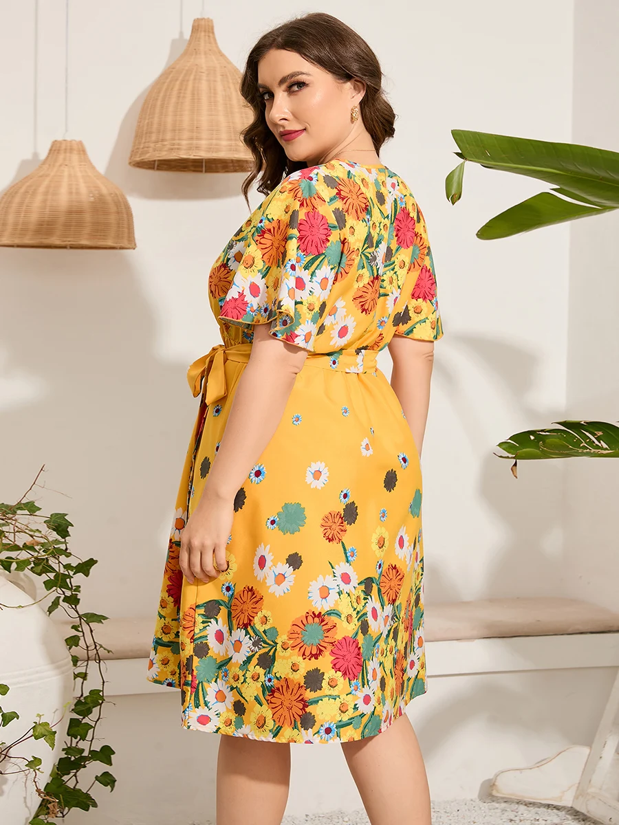 4xl 5xl Plus Size Midi Dress Women 2023 Summer V Neck Short Sleeve Floral Print Yellow Dress for Women Large Size Beach Dresses Best Sellers In Plus Sized Clothing