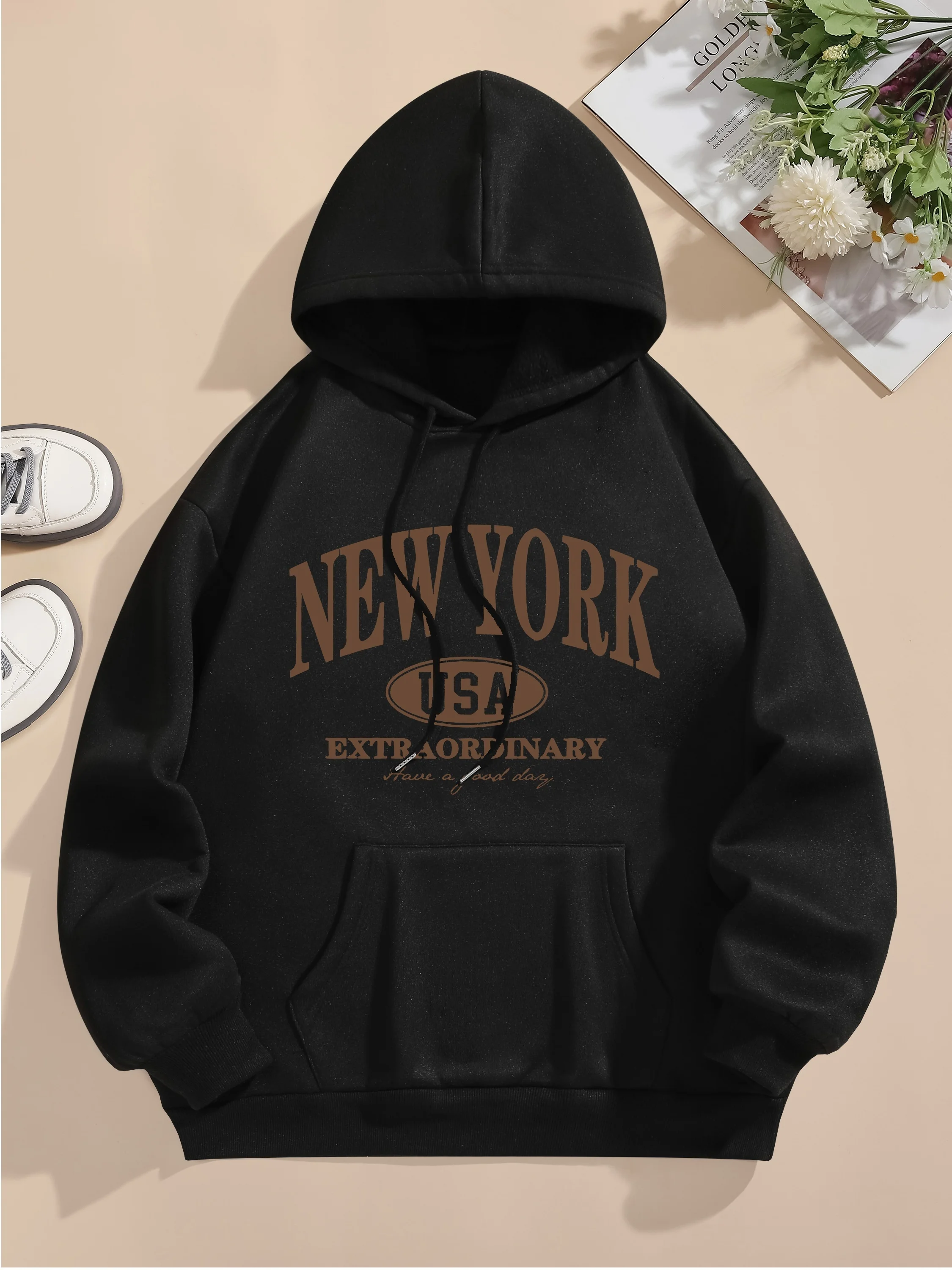 Letter Print Hoodie, Drawstring Long Sleeve Casual Hooded Sweatshirt For Winter & Fall, Women's Clothing 2