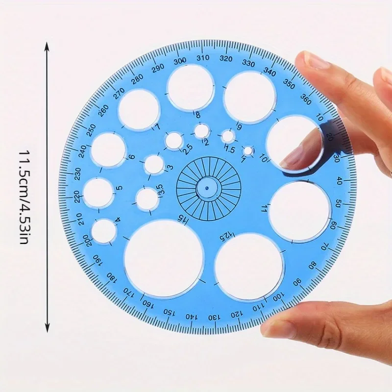 1pc 360-Degree Rotating Round Ruler - Transparent Blue Template with Circles & Degrees for Drafting, Patchwork, Office