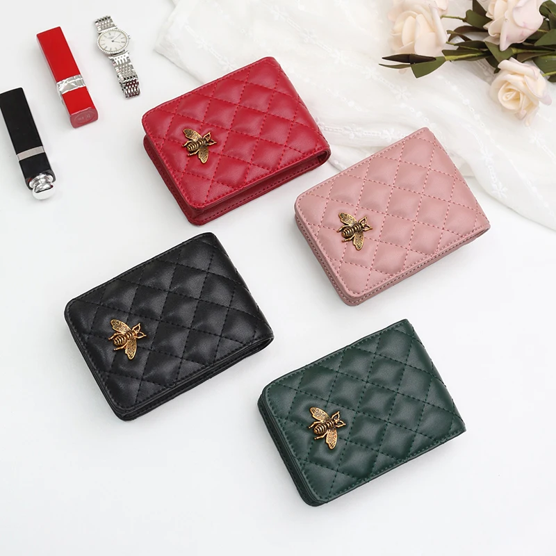 Fashion Lipstick Cosmetic Bag with Mirror Portable Magnetic Snap Genuine Cow Leather Mini Cosmetic Case Coin Purse Mini Clutch
