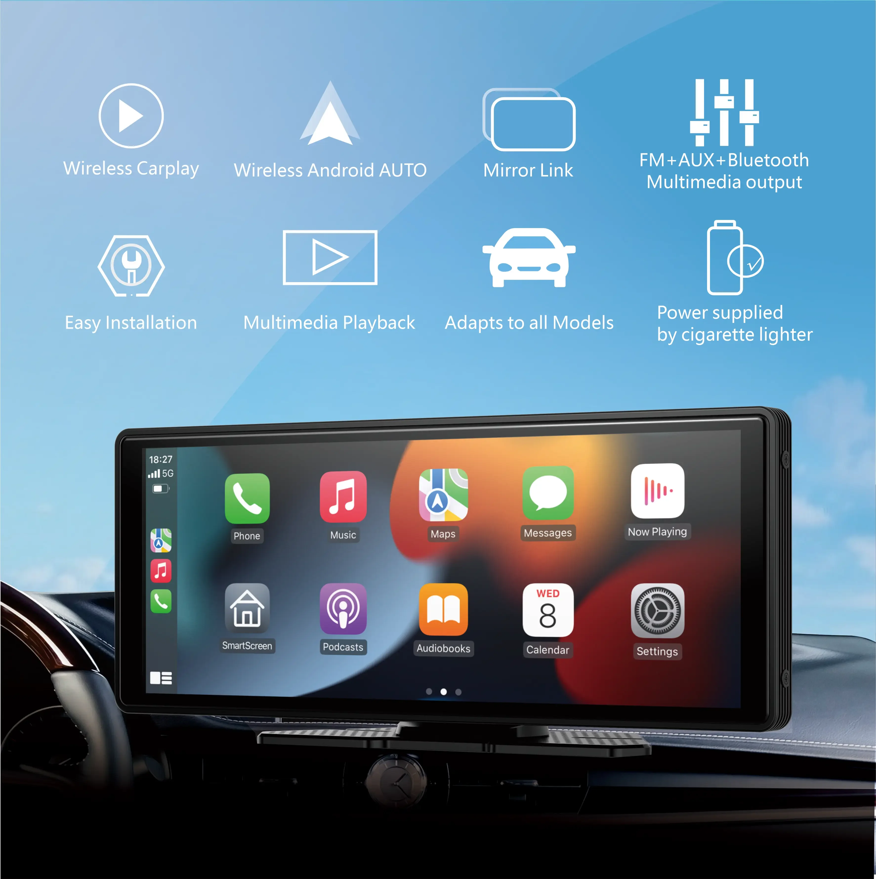 Wireless CarPlay Universal CarPlay & Android Auto Wireless Display Portable Touchscreen Car Stereo for All Vehicles (Cars, Trucks, SUVs, RVs)
