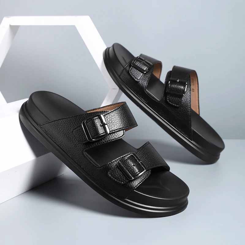 Men's Microfiber Leather Slippers External Wear Anti-slip Cool Double Button Flat Drag Beach Shoes soft slippers summer slippers anti slip sandals men shoes