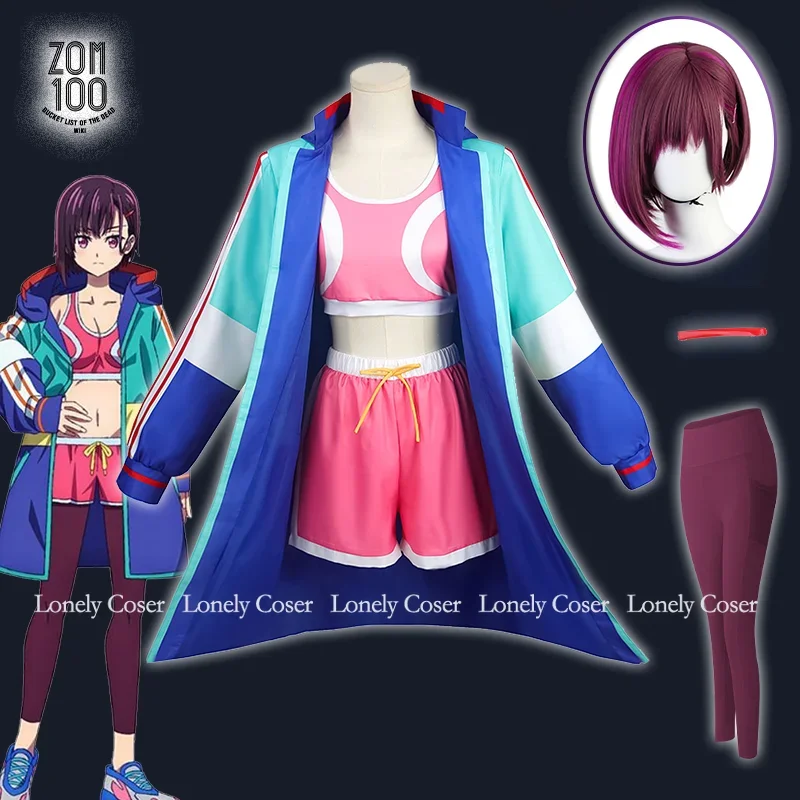 Shizuka Mikazuki Cosplay Costume Anime Zom 100 Wig Hoodie Jacket Bra Shorts Hairpin Yoga Trousers Bucket List of the Dead